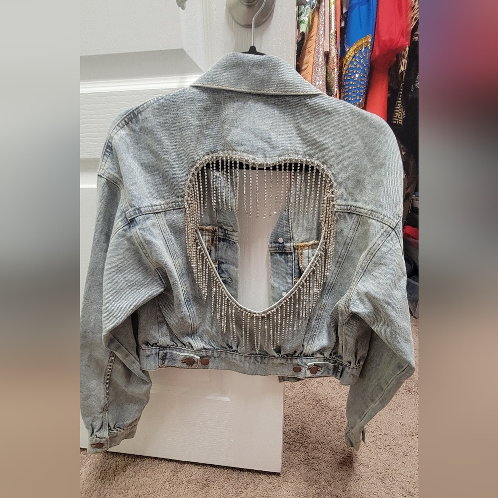 Denim Jacket with Heart Cutout and Fringe